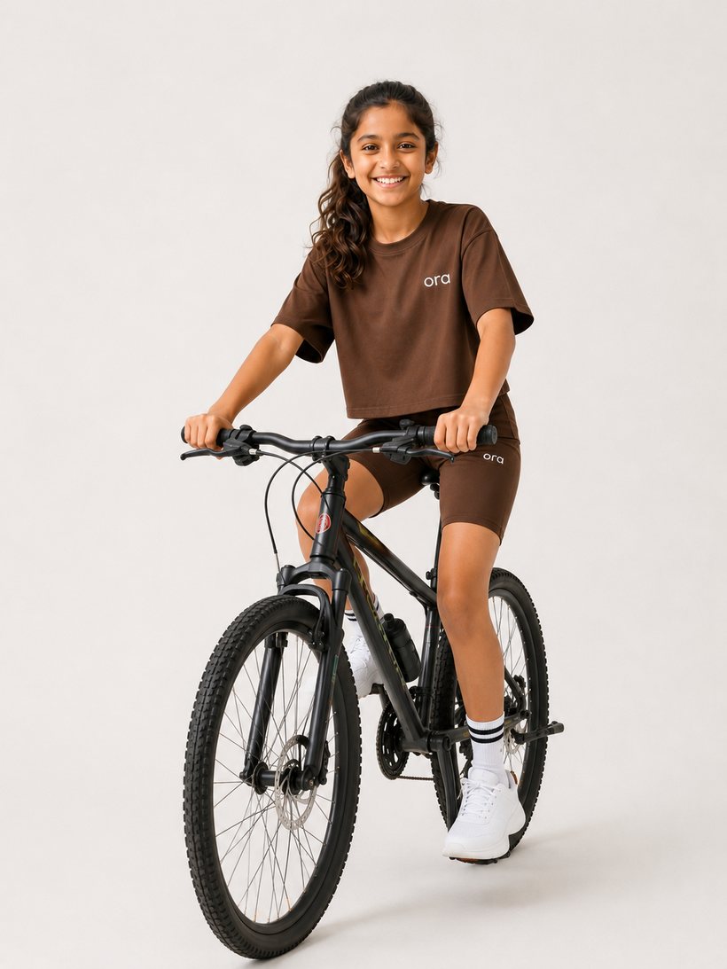 Tween in Ora boxy tee and biker shorts outdoors