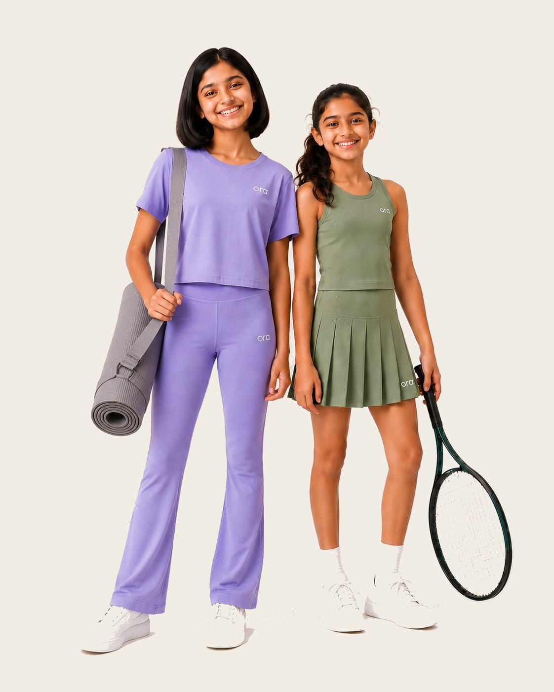 Two tween girls in Ora activewear with a yoga mat and tennis racket