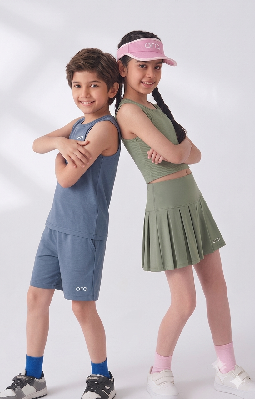Two tweens in Ora activewear, back to back