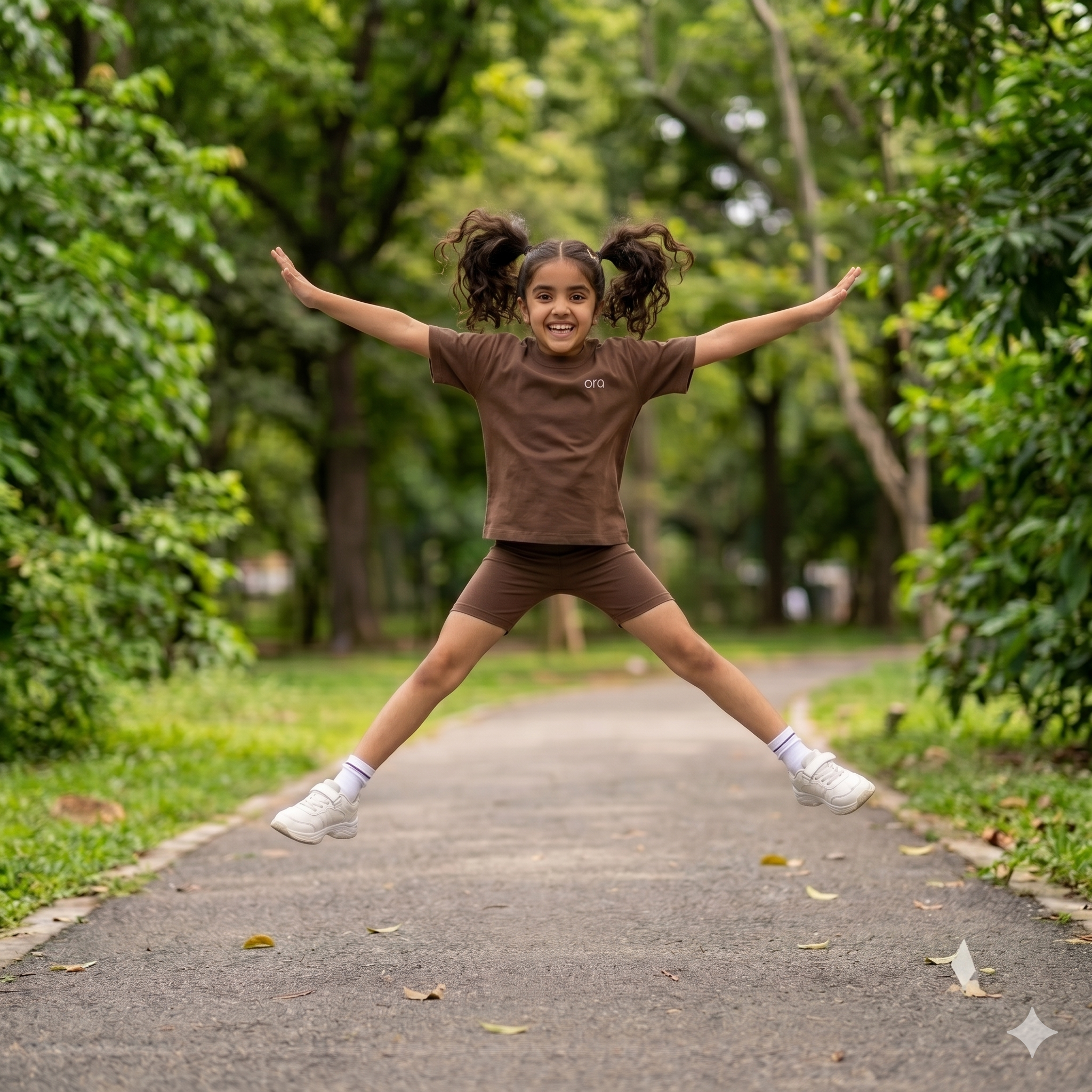 Tween in Ora boxy tee and biker short jumping outdoors