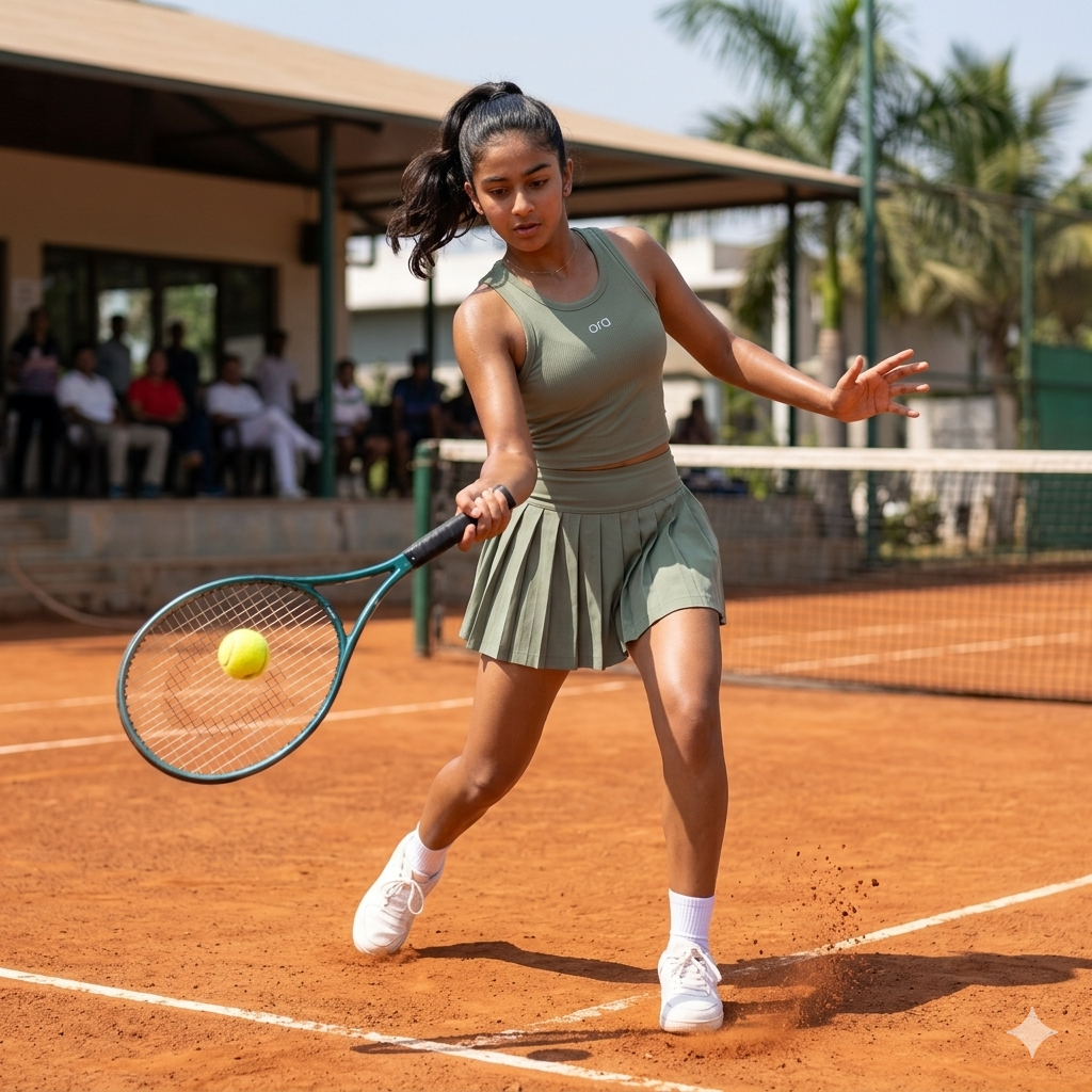 Tween in Ora ribbed tank and skort playing tennis