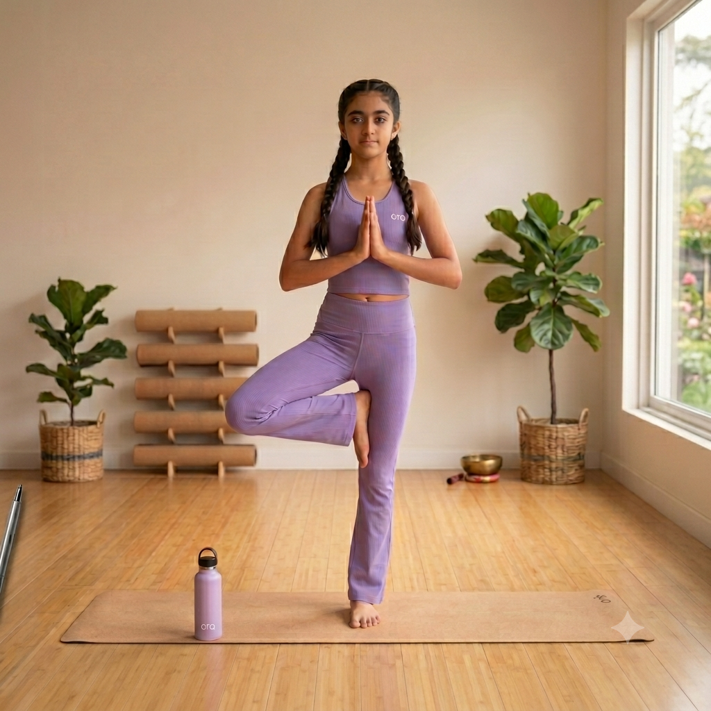 Tween in Ora ribbed tank and flared legging, yoga pose